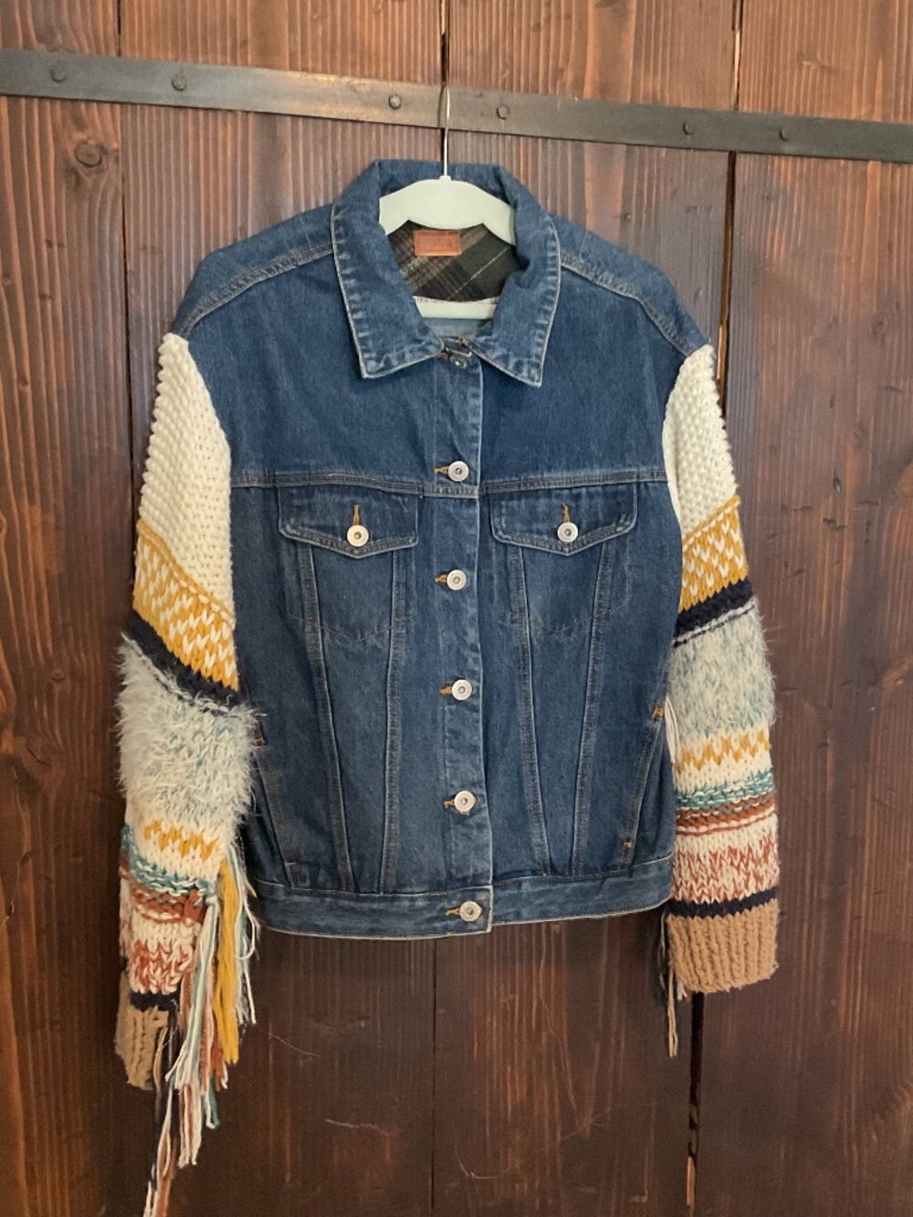POL denim jacket with yarn sleeves, size medium oversized